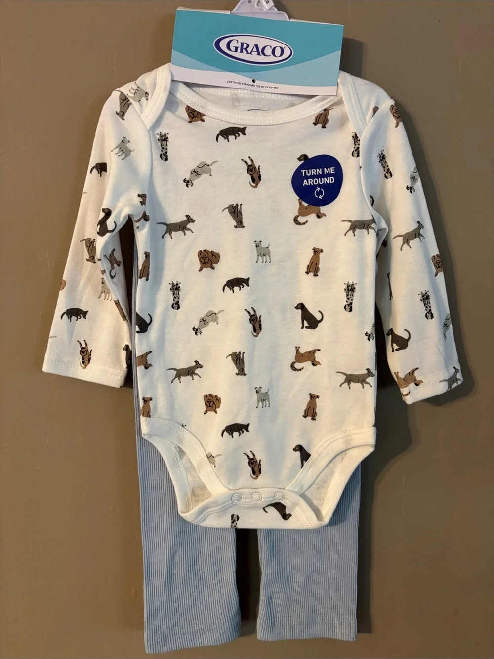 Graco 3-Piece Set Long-Sleeve Puppy Print Onesie w/ Blue Pants & Hat 9-12M NWT